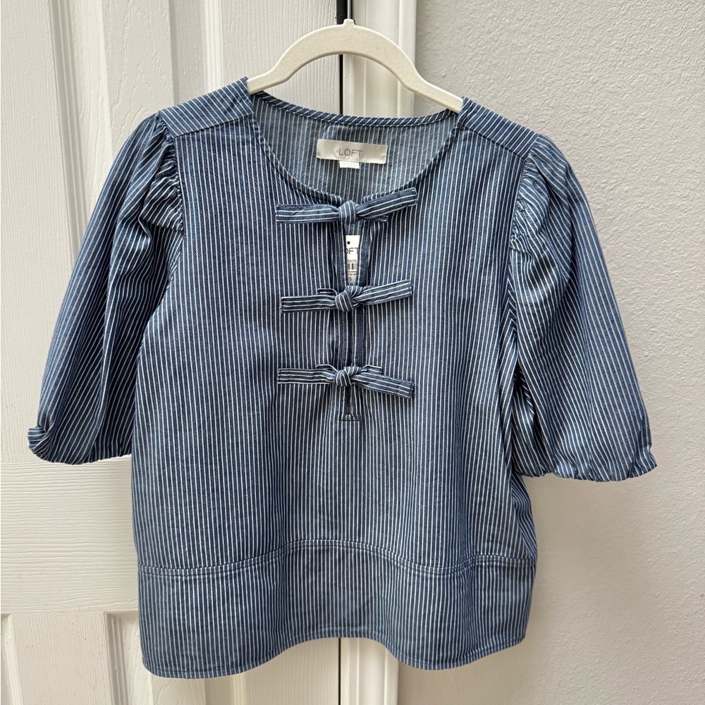 NWT LOFT BOW FRONT NAVY WHITE STRIPED TOP XS